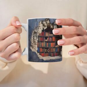 PAOEIOV 3D Bookshelf Mug | Library Shelf Cup 11 Oz | Creative Space Design Multi-Purpose Ceramic Mug, Book Lovers Coffee Mug, Cool Birthday Christmas Gifts for Readers, blue