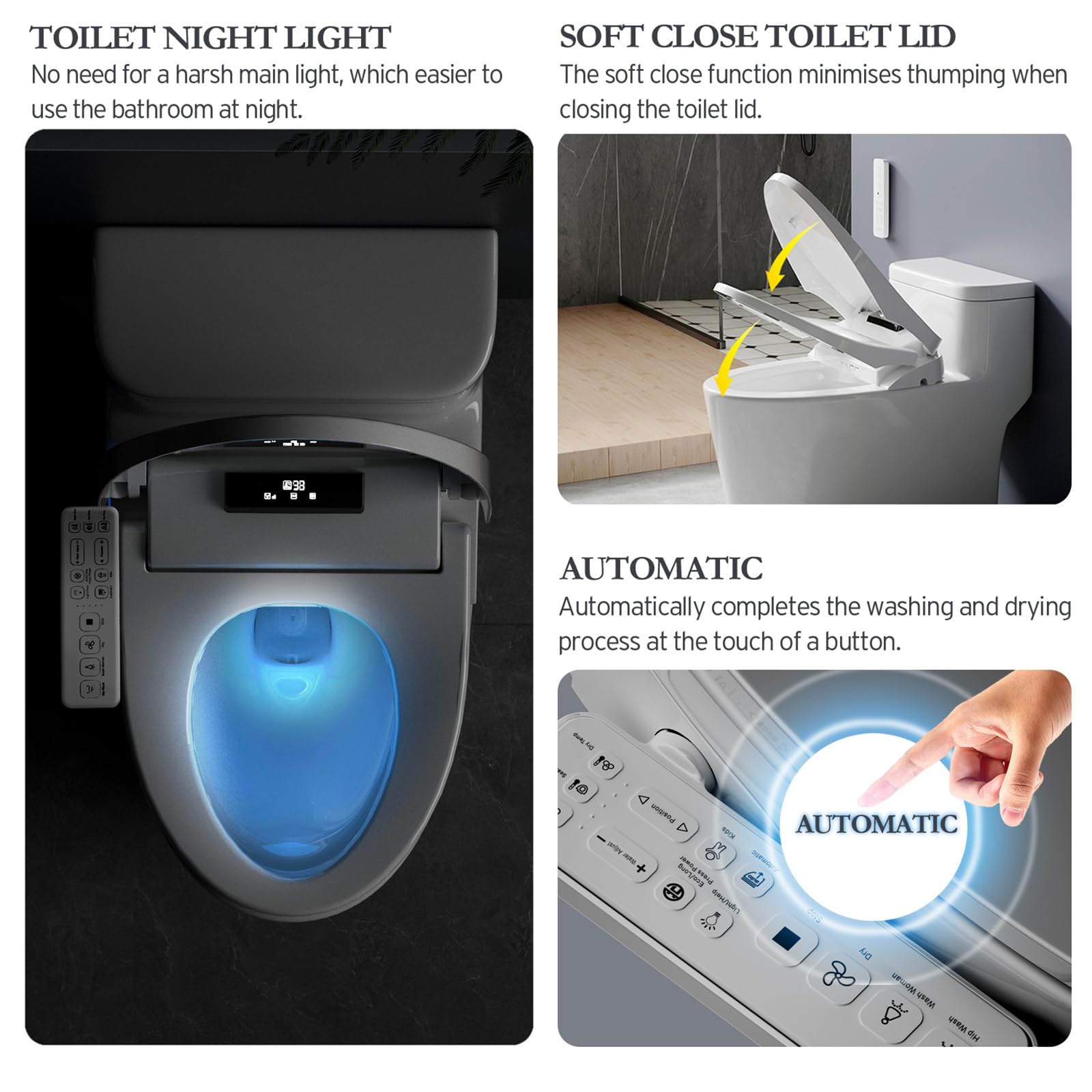 XCQQ Smart Bidet Toilet Seat Elongated, Heated Bidet with Warm Water and Dryer, Night Light, Multiple Spray Modes, Slow Closed Toilet Seat, LED Screen, Removable Panel to Remote