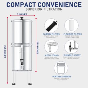 USWF Gravity Fed Water Filter System - 2.25 Gal Stainless Steel w/ 2 Carbon Filters, 2 Fluoride Filters, Portable Countertop Filtration System, Metal Sight Glass Spigot, Stand, NSF/ANSI 372 Certified