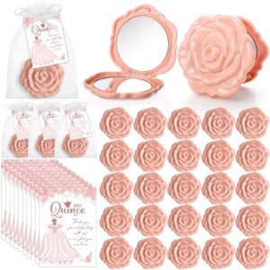 wenqik 50 sets quinceanera party favors for guests 50 rose design compact pocket mirrors 50 quinceanera cards thank you gift and organza bags sweet 15 mis quince birthday sweet party favor(pink)