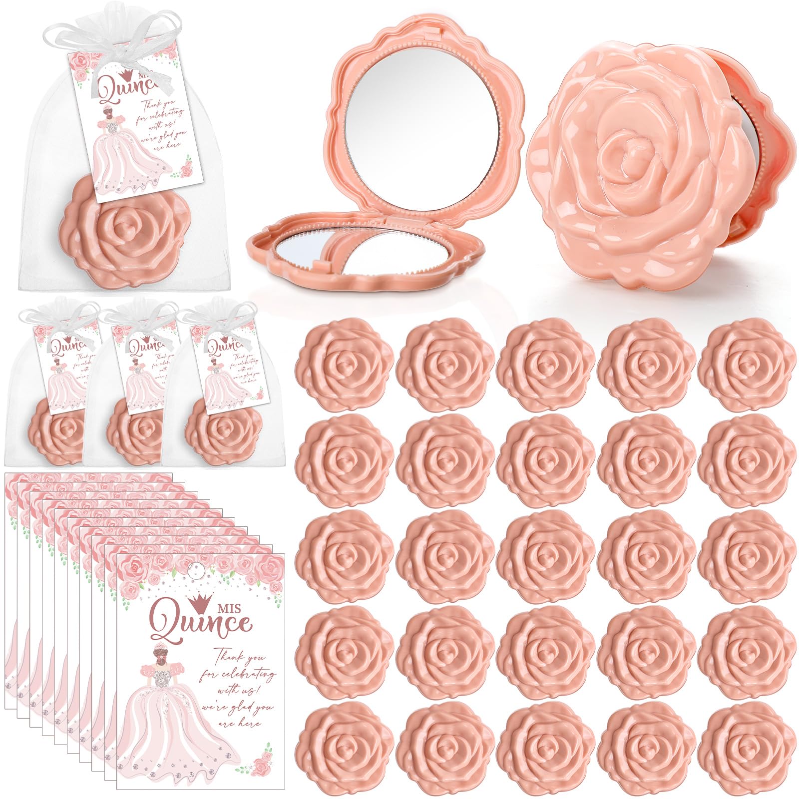 Wenqik 50 Sets Quinceanera Party Favors for Guests 50 Rose Design Compact Pocket Mirrors 50 Quinceanera Cards Thank You Gift and Organza Bags Sweet 15 Mis Quince Birthday Sweet Party Favor(Pink)