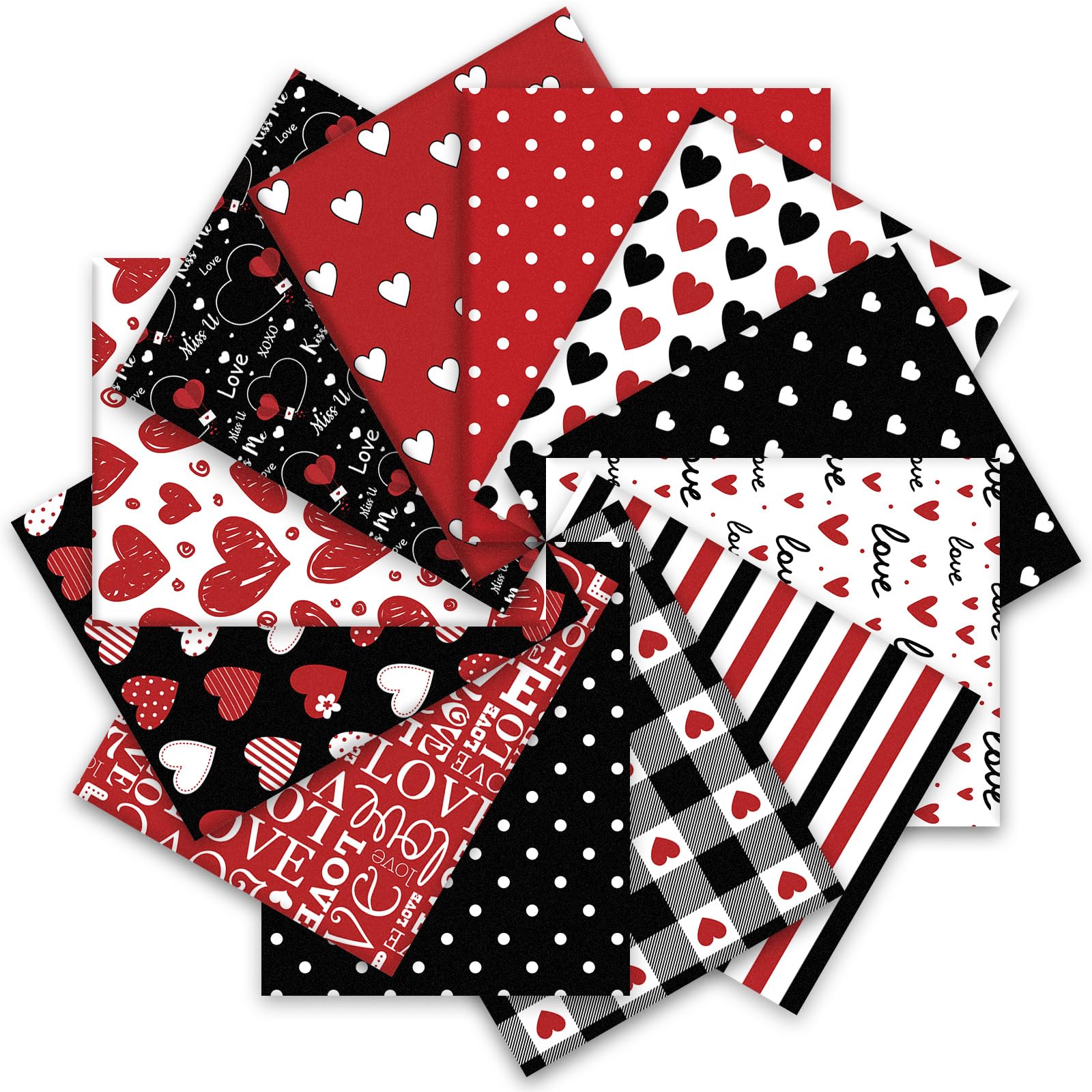 Whaline 12Pcs Valentine's Day Cotton Fabric Bundles Red Black Love Heart Fat Quarter Romantic Quilting Patchwork for DIY Handmade Sewing Crafting, 18 x 22 Inch