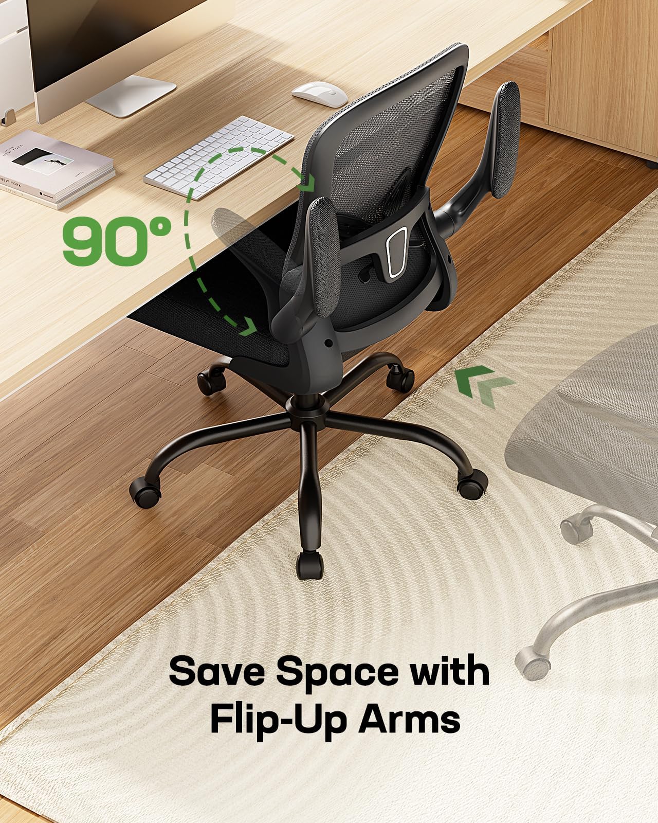 Marsail Office Chair Ergonomic-Desk Chair: Mesh Back Home Office Chair with Adjustable Lumbar Support, Computer Desk Chair with Flip-up Armrests Swivel Home Office Task Chair(Bright Black)