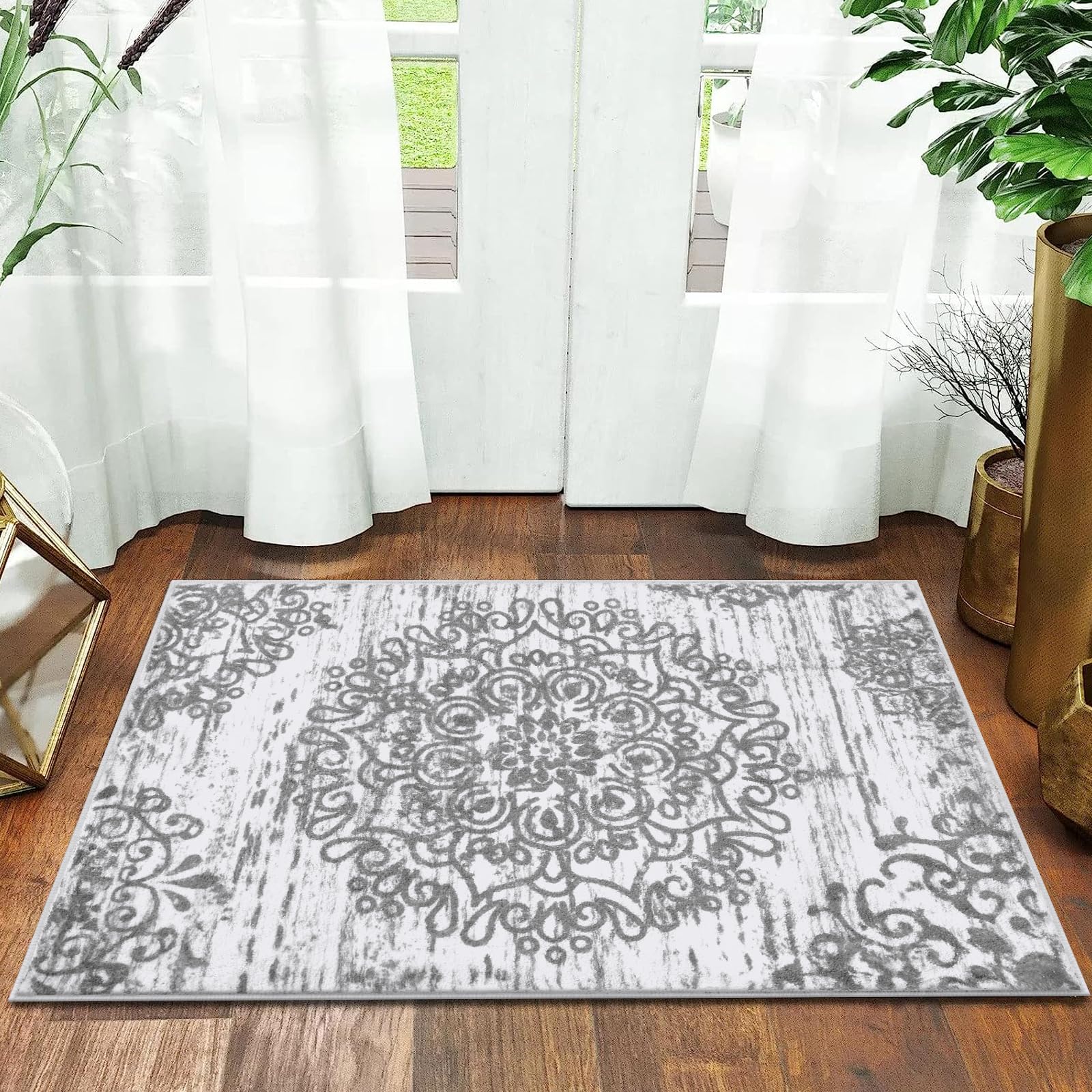 HEBE Washable Area Rug 2'x3' Non Slip Soft Distressed Medallion Bedroom Rug Boho Living Room Rug Accent Throw Rugs Vintage Entry Rug Floor Carpet for Dining Room Bathroom Entryway