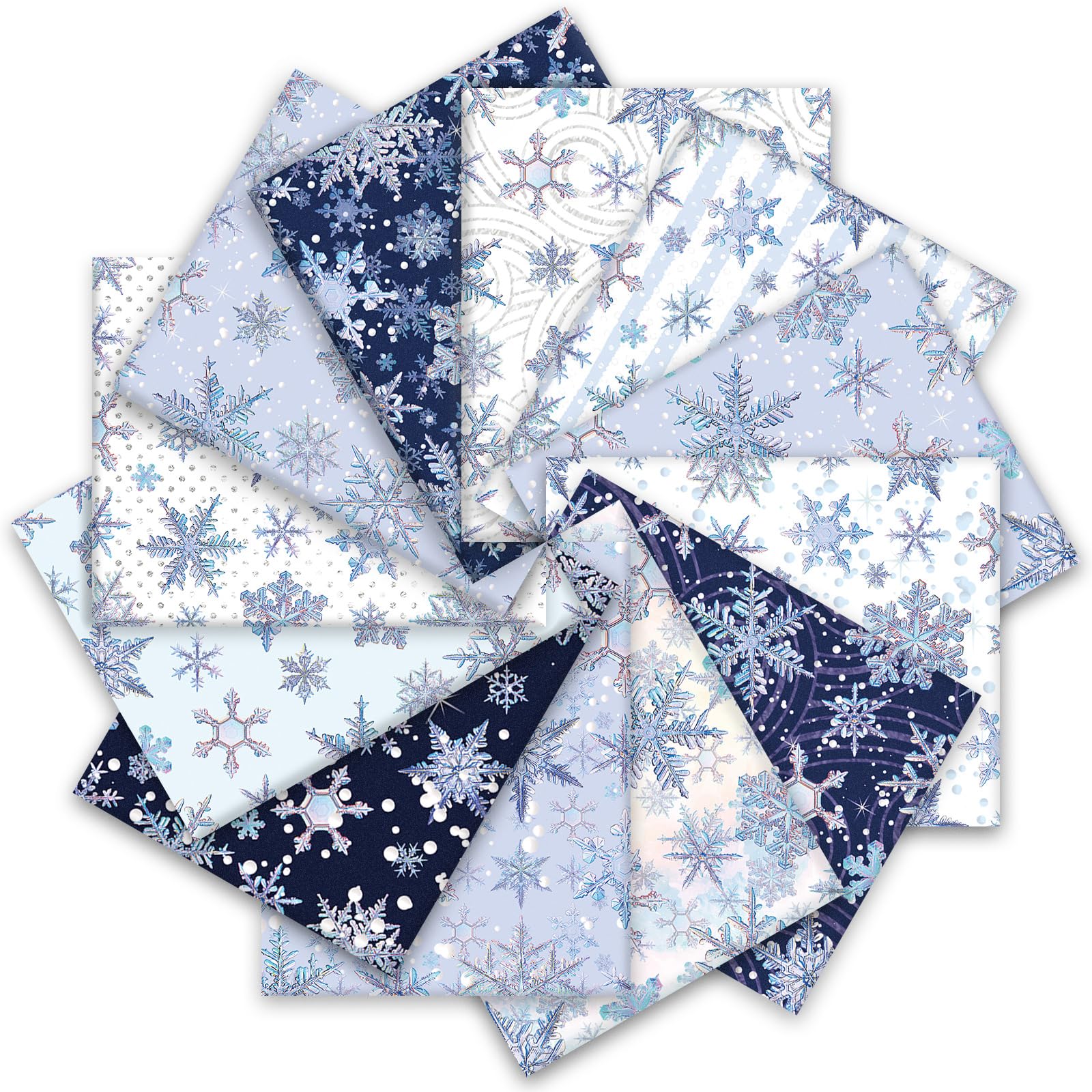 Whaline 12Pcs Winter Cotton Fabric Bundles Blue Purple Snowflake Fat Quarter Xmas Winter Quilting Patchwork for DIY Handmade Sewing Crafting, 18 x 22 Inch