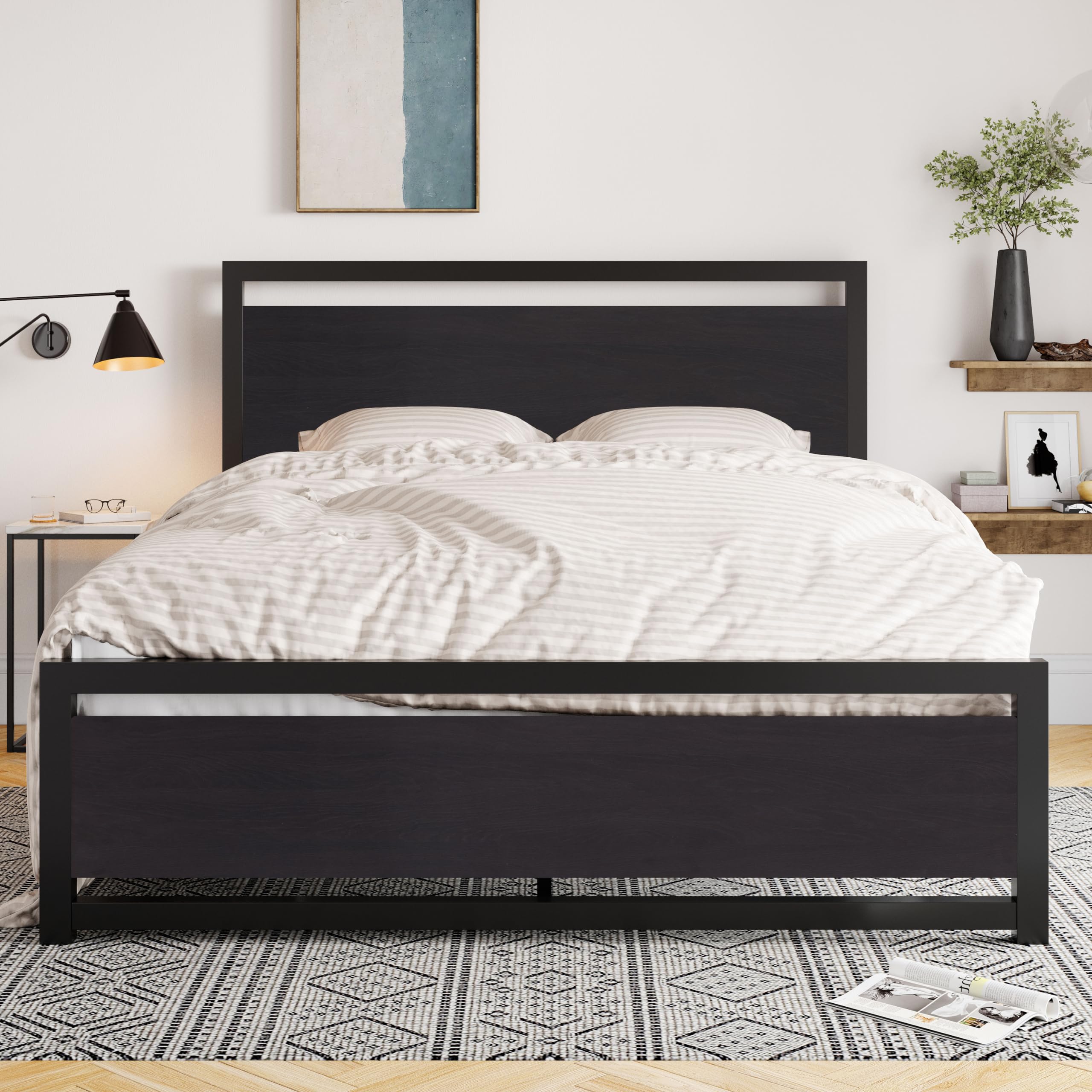 Allewie Queen Bed Frame with Headboard, Heavy Duty Metal Platform Bed Frame with Strong Support, Under Bed Storage, Stable Mattress Foundation, No Box Spring Needed, Black