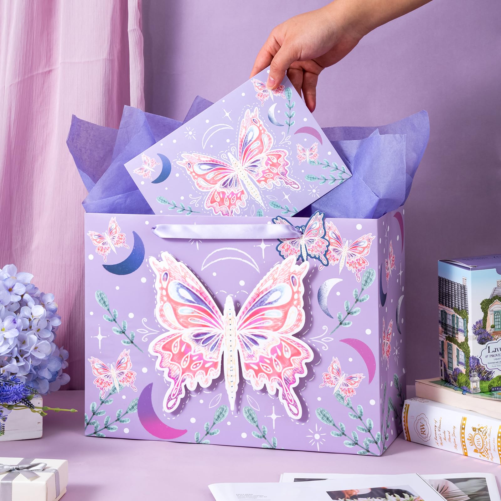 WRAPAHOLIC 13" Large Gift Bag with Card and Tissue Paper - Purple Butterfly Design for Birthday, Mother's day, Baby Shower, Party