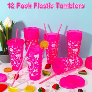 XLSXEXCL 12 Pcs Plastic Cups with Lids and Straws Glitter Tumbler 24 oz Travel Mug Cup Plastic Drinking Cups for Juices Parties Birthdays Party Bachelor Party (Hot Pink)