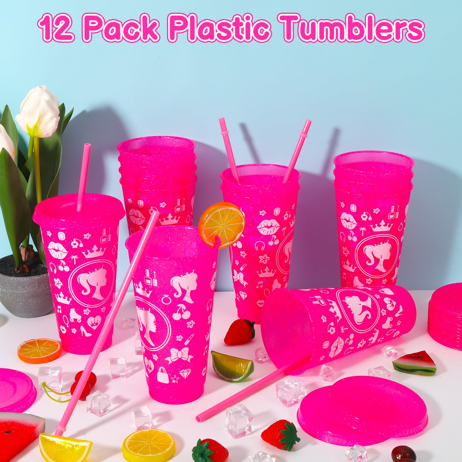 XLSXEXCL 12 Pcs Plastic Cups with Lids and Straws Glitter Tumbler 24 oz Travel Mug Cup Plastic Drinking Cups for Juices Parties Birthdays Party Bachelor Party (Hot Pink)