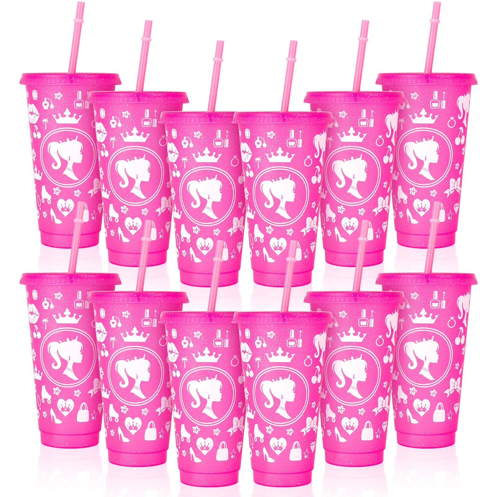 XLSXEXCL 12 Pcs Plastic Cups with Lids and Straws Glitter Tumbler 24 oz Travel Mug Cup Plastic Drinking Cups for Juices Parties Birthdays Party Bachelor Party (Hot Pink)