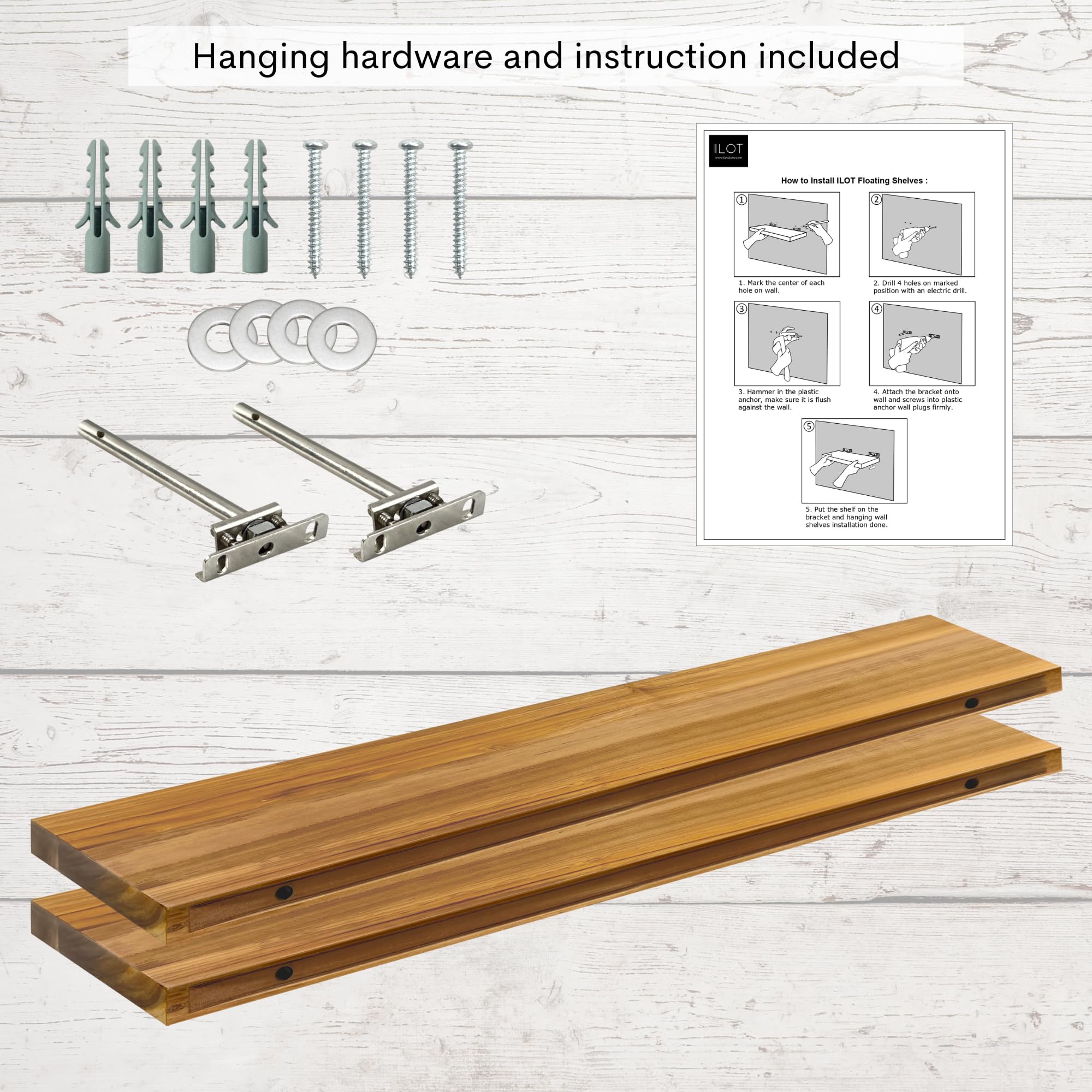 ILOT Teak Wood Floating Shelves Perfect for Bathroom Décor Pack of 2 Wooden Wall Shelves for Bedroom Living Room Kitchen Simple Minimalist Home Décor 36” x 6.7”