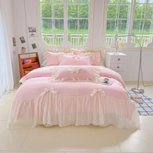 soukechy girls lace bedding,queen comforter cover set, chic ruffled duvet cover with lovely bow,princess style 1 duvet cover with 2 pillowcases, no comforter-pink,queen size