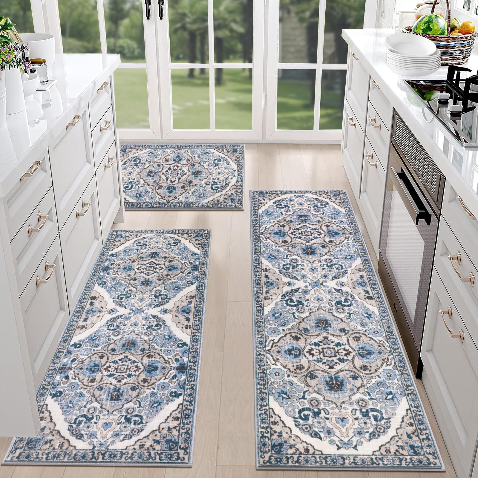 HEBE Farmhouse Kitchen Rugs Sets of 3 Non Slip Washable Kitchen Rugs and Mats Boho Kitchen Mats for Floor Kitchen Runner Rug Kitchen Carpet Rug Runner for Hallways Kitchen Laundry