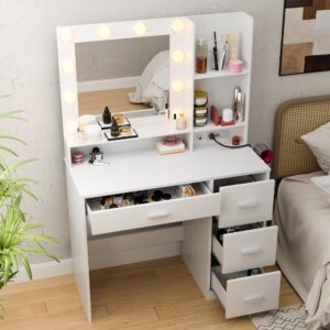 JUMMICO 39.3'' Vanity Desk with LED Lighted Mirror &Power Outlet, Makeup Vanity Table with 4 Large Drawers and 3 Storage Shelves, 3 Model Adjustable Lights for Bedroom & Dressing Room (White)