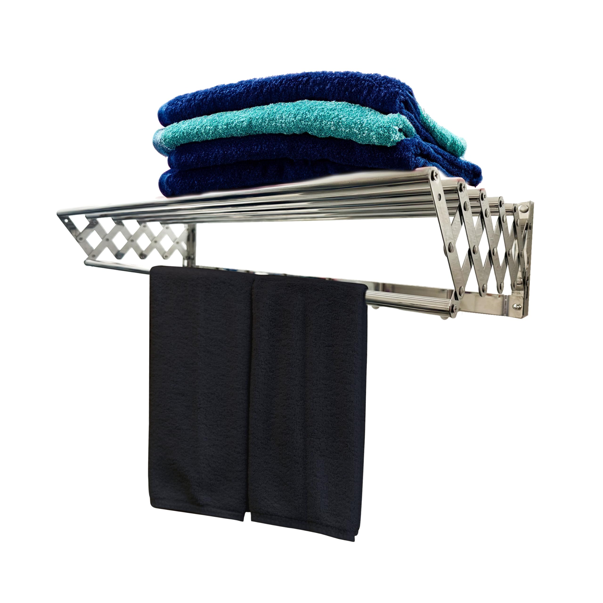 Extendable Towel Rack Wall Mounted for Bathroom or External Use, Stainless Steel with 6 Rods 5 Hooks, Durable, Heavy Duty, Resistance to Corrosion Oxidation Rust | Supports 60Lb