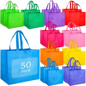 blewindz 50 pcs large gift bags with handles bulk - 16 x 6 x 12 inch reusable grocery shopping bags - non-woven tote grocery bags, retail bags, party favor bags (10 colors)