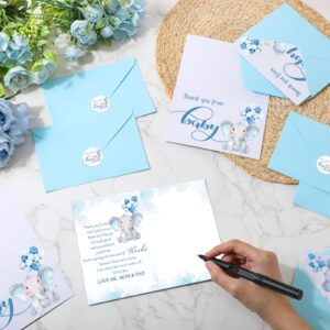 Zhanmai 50 Sets Baby Shower Thank You Cards Elephant Themed 50 Baby Shower Thank You Notes with 50 Envelopes and Stickers Baby Shower Card Baby Gift Boy Card for Baby Shower Gender Reveal Party (Blue)