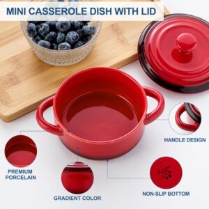 LOVECASA Mini Cocotte Set,12 OZ Small Casserole Dishes with Lids, Soup Bowls With Handles,Individual Baking Ramekins,Oven, Microwave & Dishwasher Safe,Set of 4,Red