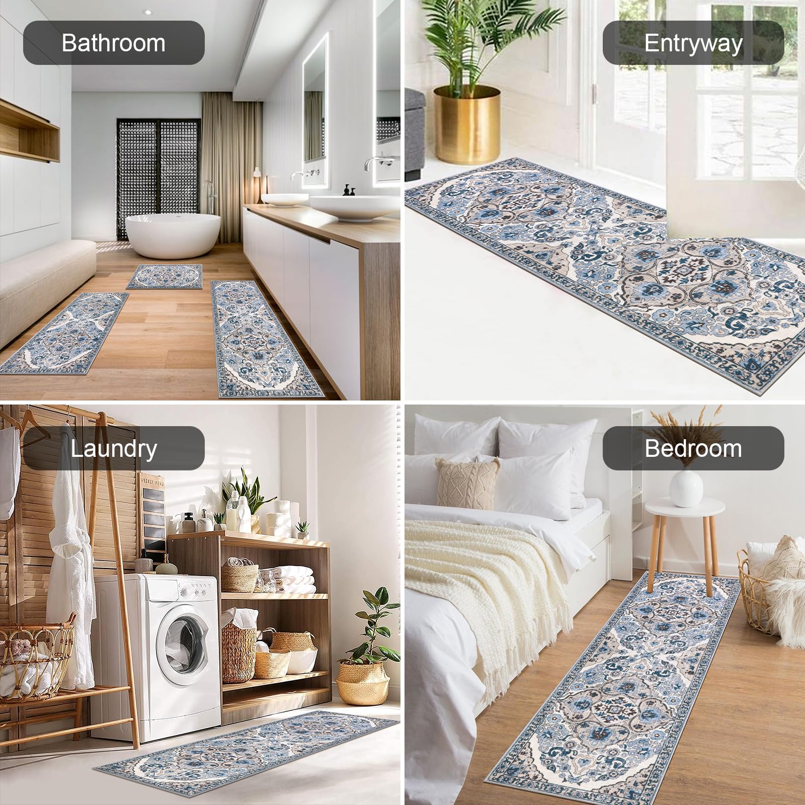 HEBE Farmhouse Kitchen Rugs Sets of 3 Non Slip Washable Kitchen Rugs and Mats Boho Kitchen Mats for Floor Kitchen Runner Rug Kitchen Carpet Rug Runner for Hallways Kitchen Laundry