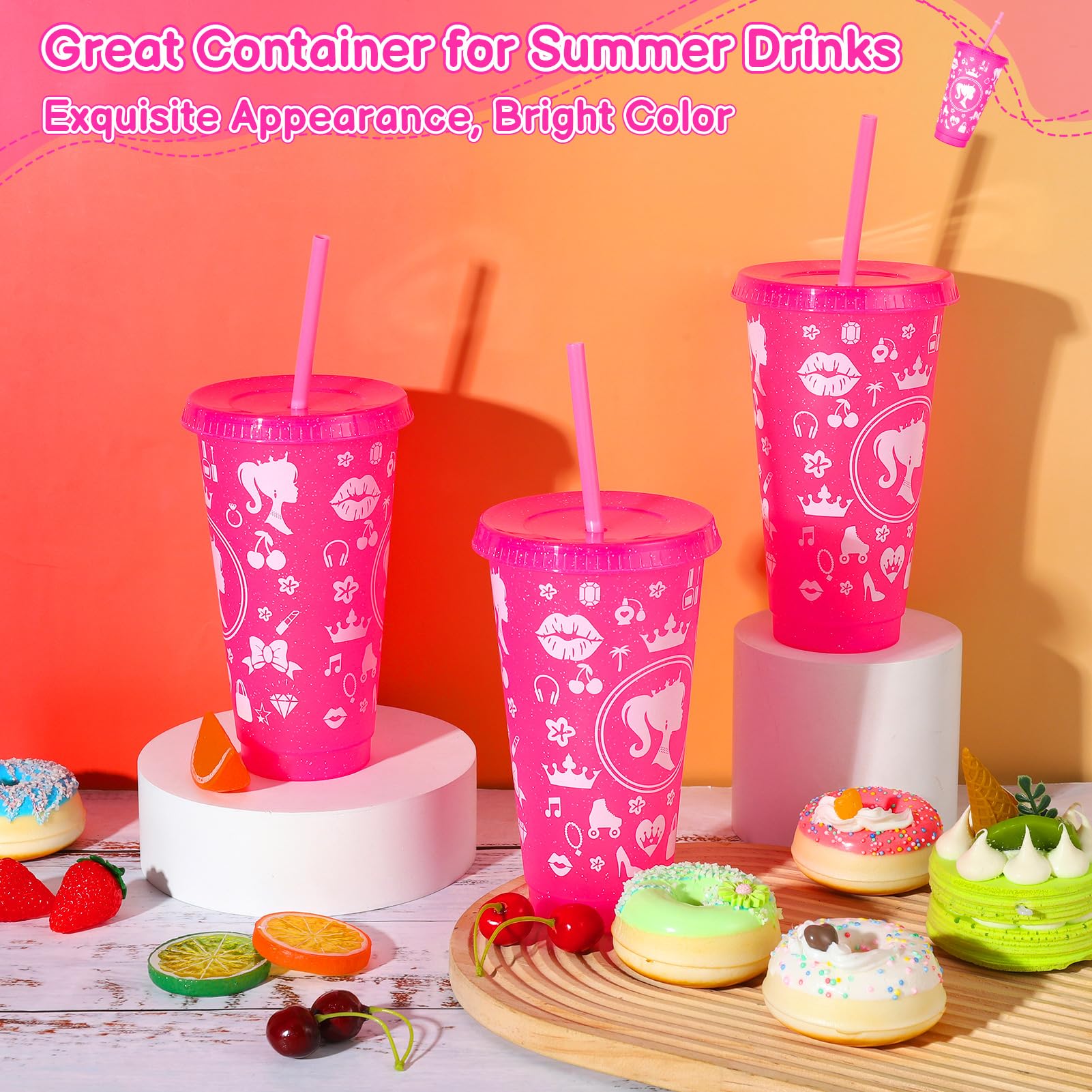 XLSXEXCL 12 Pcs Plastic Cups with Lids and Straws Glitter Tumbler 24 oz Travel Mug Cup Plastic Drinking Cups for Juices Parties Birthdays Party Bachelor Party (Hot Pink)