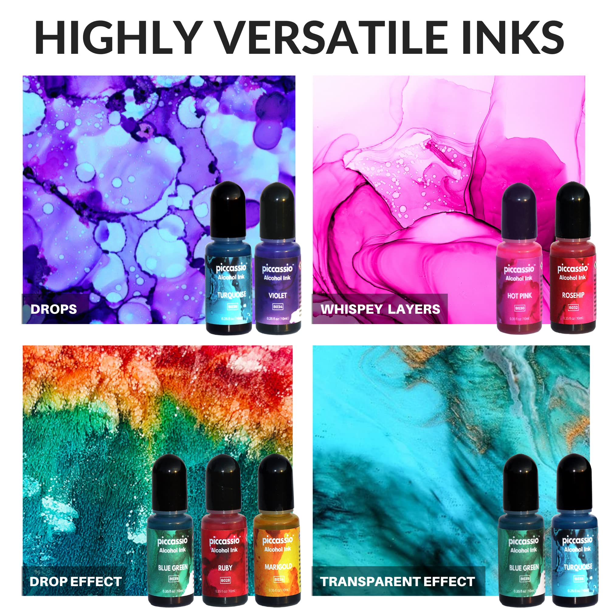 Alcohol Ink Set - New Improved Formula - 24 Highly Saturated Alcohol Inks - Fast-Drying and Permanent Inks - Versatile Alcohol Ink for Epoxy Resin, Tumblers, Fluid Art Painting, Glass, Metal etc