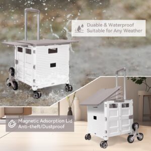 Foldable Utility Cart Portable Crate Rolling Dolly with Telescopic Handle,Can be Pulled diagonally, Magnetic Retractable Lid, 360°Swivel Climbing Wheels for Shopping Carrying Groceries Move White