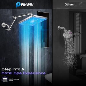 PinWin Shower Head, 8'' LED Rain Shower Head with 16'' Adjustable Extension Arm, Rainfall Style Water Spray, LED Shower Head Water Temperature Controlled Color Changing,Chrome