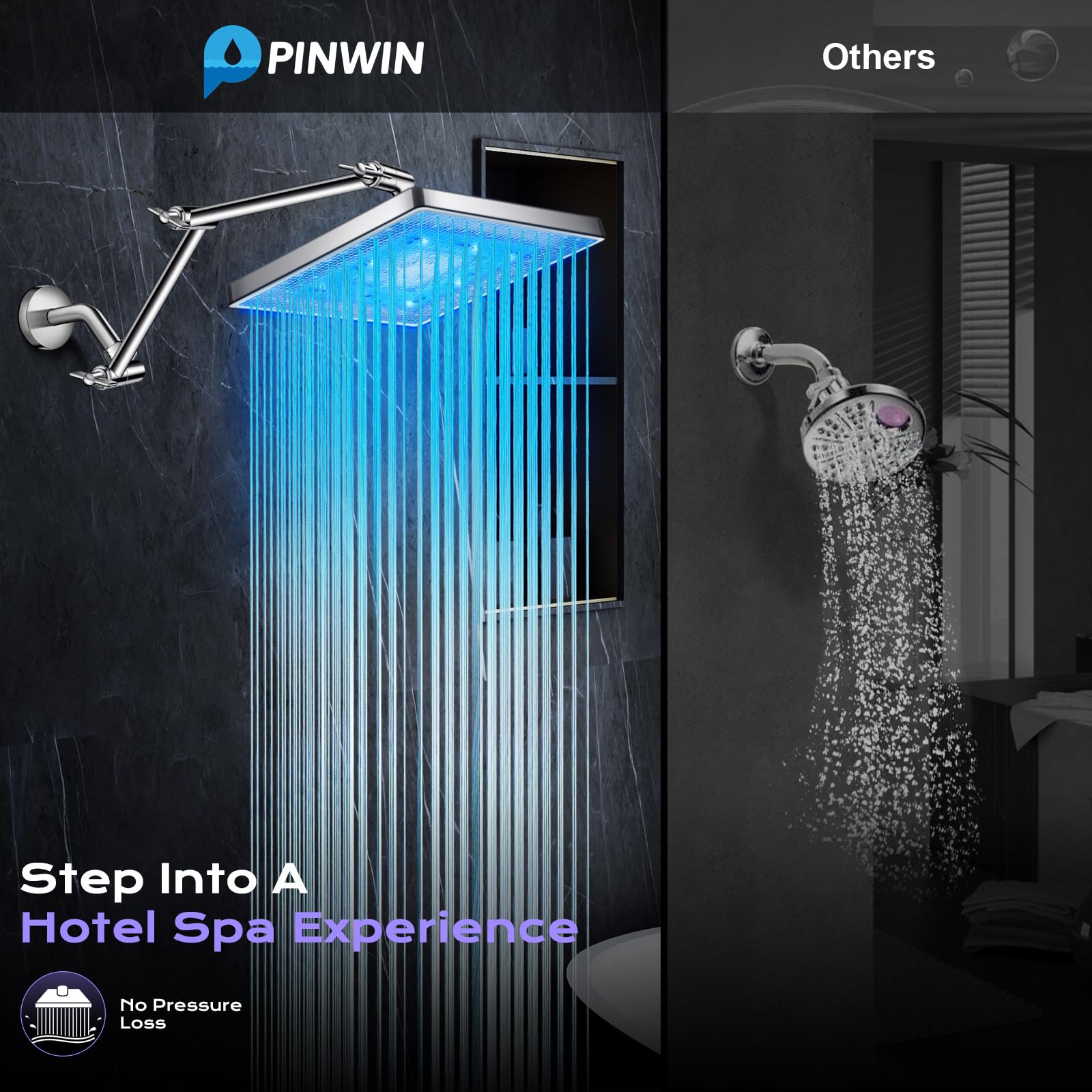 PinWin Shower Head, 8'' LED Rain Shower Head with 16'' Adjustable Extension Arm, Rainfall Style Water Spray, LED Shower Head Water Temperature Controlled Color Changing,Chrome