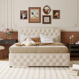 Merax Modern Upholstered Plattform Bed with Trundle and 2 USB Ports, Queen Linen Bed Frame with Wingback No Box Spring Needed Beige