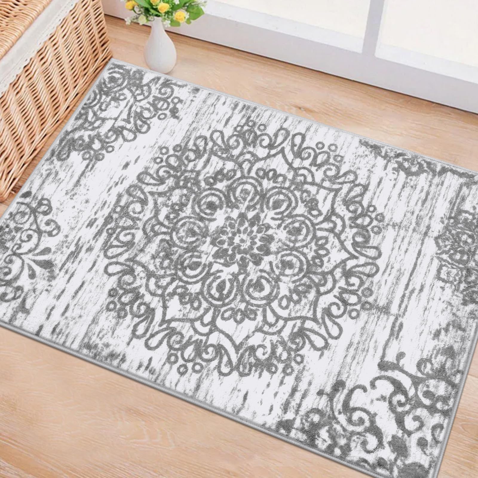 HEBE Washable Area Rug 2'x3' Non Slip Soft Distressed Medallion Bedroom Rug Boho Living Room Rug Accent Throw Rugs Vintage Entry Rug Floor Carpet for Dining Room Bathroom Entryway