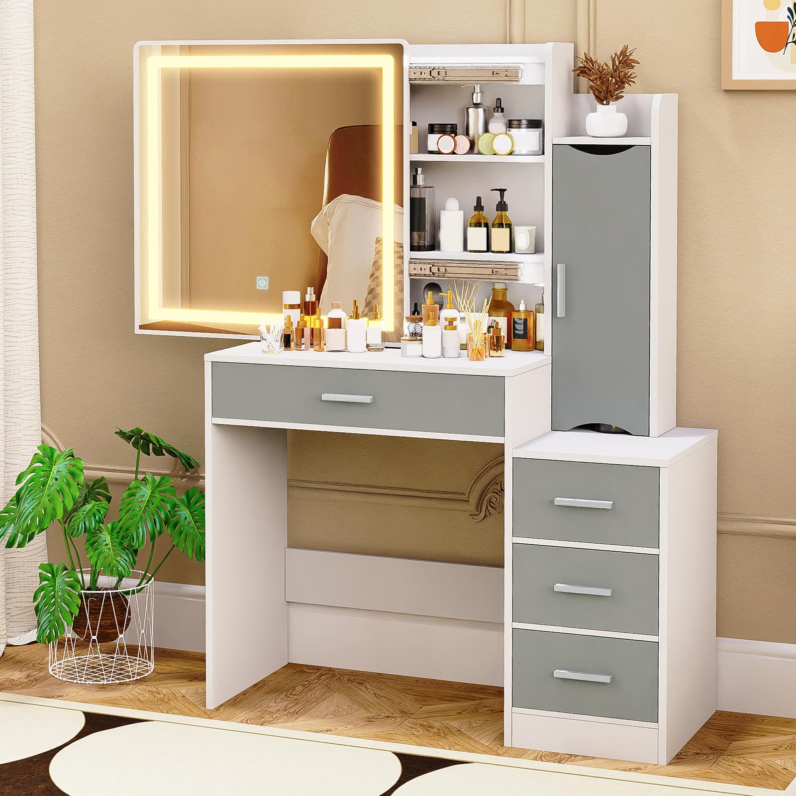 usikey Makeup Vanity Desk, Makeup Vanity Table with Sliding LED Lighted Mirror, Vanity Table with 4 Drawers & Cabinet, 3 Lighting Modes & Brightness Adjustable, Bedroom Dressing Table, White and Grey