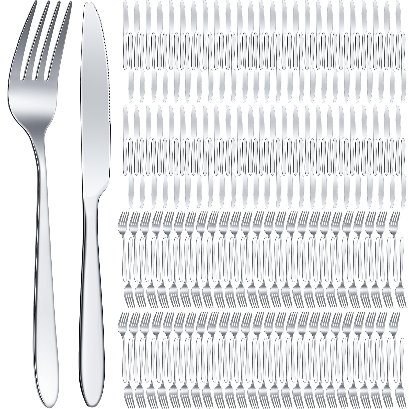 Nuenen 150 Pcs Stainless Steel Set Include 75 Dinner Forks and 75 Knives, Metal Steak Knives Forks Flatware Tableware Cutlery Set for Home Restaurant Hotel, Mirror Polished, Dishwasher Safe (Silver)