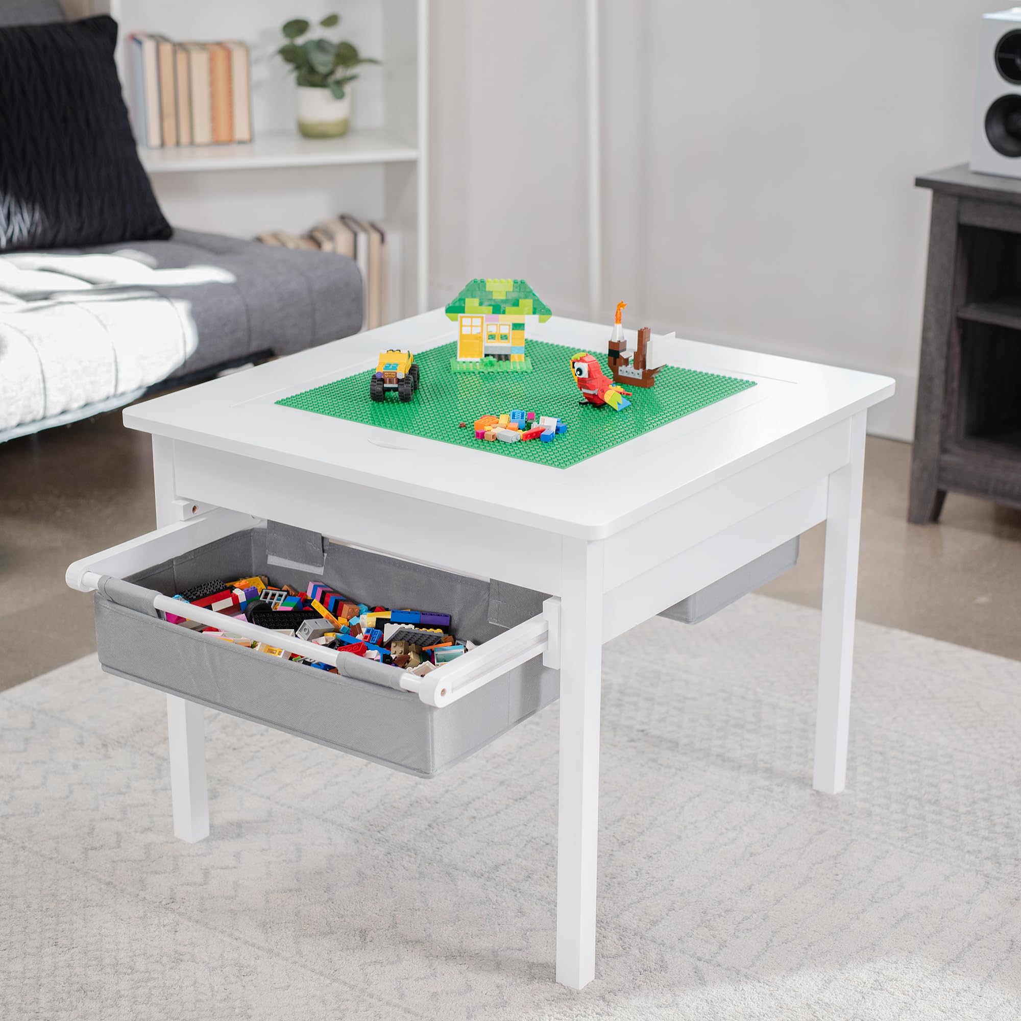 Life Finds 2-in-1 Kids’ Construction Play Table Designed for Lego Building Bricks, Reversible Table Top, Creative Play, Interlocking Building Block Surface, Storage Drawers, White, LF-LTB01