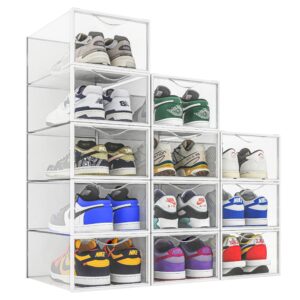 12 pack shoe storage bins, clear plastic stackable shoe organizer for closet, space saving foldable shoe rack, shoe box sneaker holder container