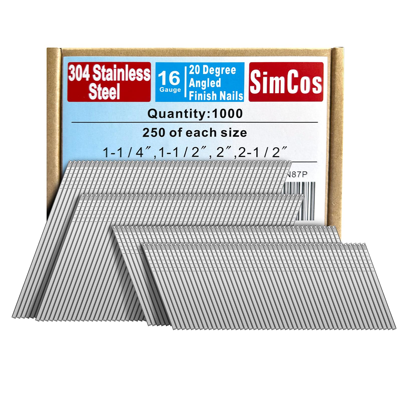 SimCos 16 Gauge Angled Finish Nails 304 Stainless Steel,(1-1/4", 1-1/2", 2", 2-1/2"), 20-Degree,Assorted Size Project Pack for Pneumatic, Electric Finish Nailer or Nail Gun (Assembly 1000)