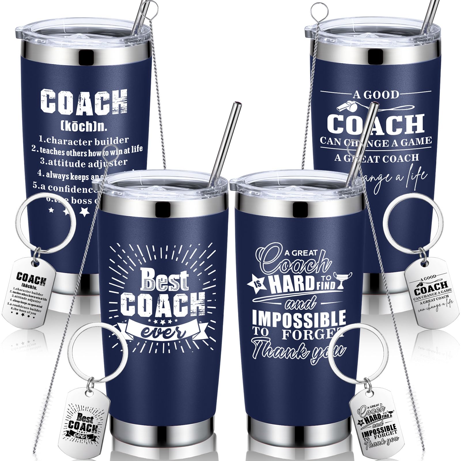 FoldTier 4 Sets Coach Gifts Best Coach Ever Stainless Steel Tumbler Coffee Mug with Keychain 20 oz Coaches Appreciation Gift Travel Tumbler for Soccer Volleyball Coach (Navy Blue,Artistic Pattern)