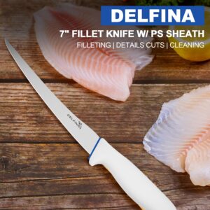 DELFINA 7 inch Flexible Fillet Knife For Fish W/Softgrip & Sheath, High Carbon Japanese 420J2 Stainless Steel Fish Fillet Knife, Ideal for Filleting, Removing Fish Skin, Deboning