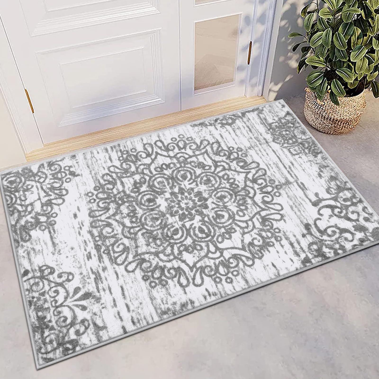 HEBE Washable Area Rug 2'x3' Non Slip Soft Distressed Medallion Bedroom Rug Boho Living Room Rug Accent Throw Rugs Vintage Entry Rug Floor Carpet for Dining Room Bathroom Entryway