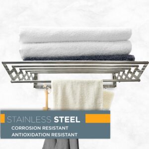 Extendable Towel Rack Wall Mounted for Bathroom or External Use, Stainless Steel with 6 Rods 5 Hooks, Durable, Heavy Duty, Resistance to Corrosion Oxidation Rust | Supports 60Lb