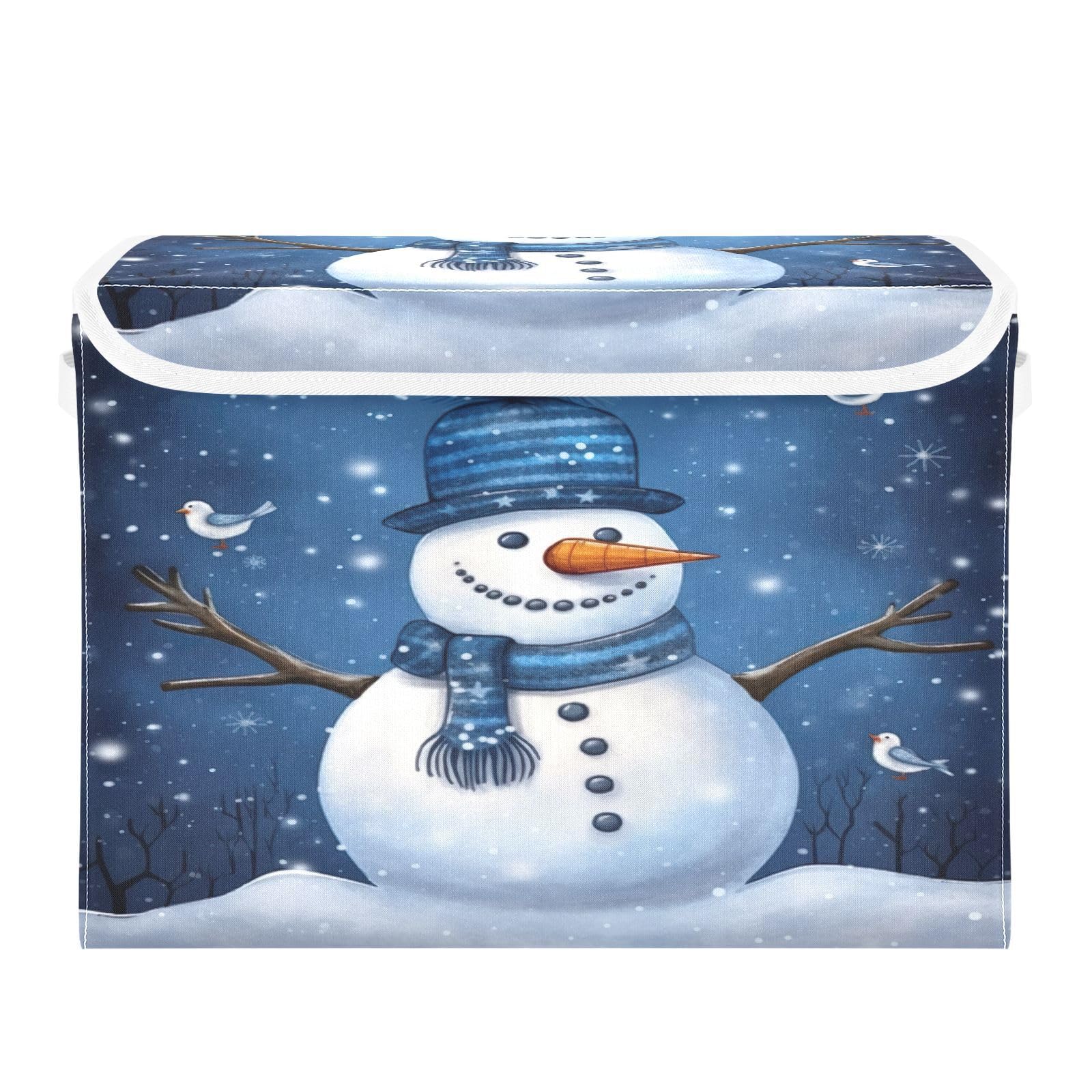 RunningBear Christmas Winter Snowman Blue Large Storage Bins with Lid Collapsible Storage Bin Storage Organizer Bin Fabric Foldable Storage Organizer Containes for Office Bedroom Clothes Toys