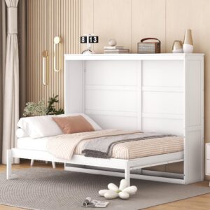 merax modern farmhouse solid wood murphy bed chest/space saving/wood slat support/full,white