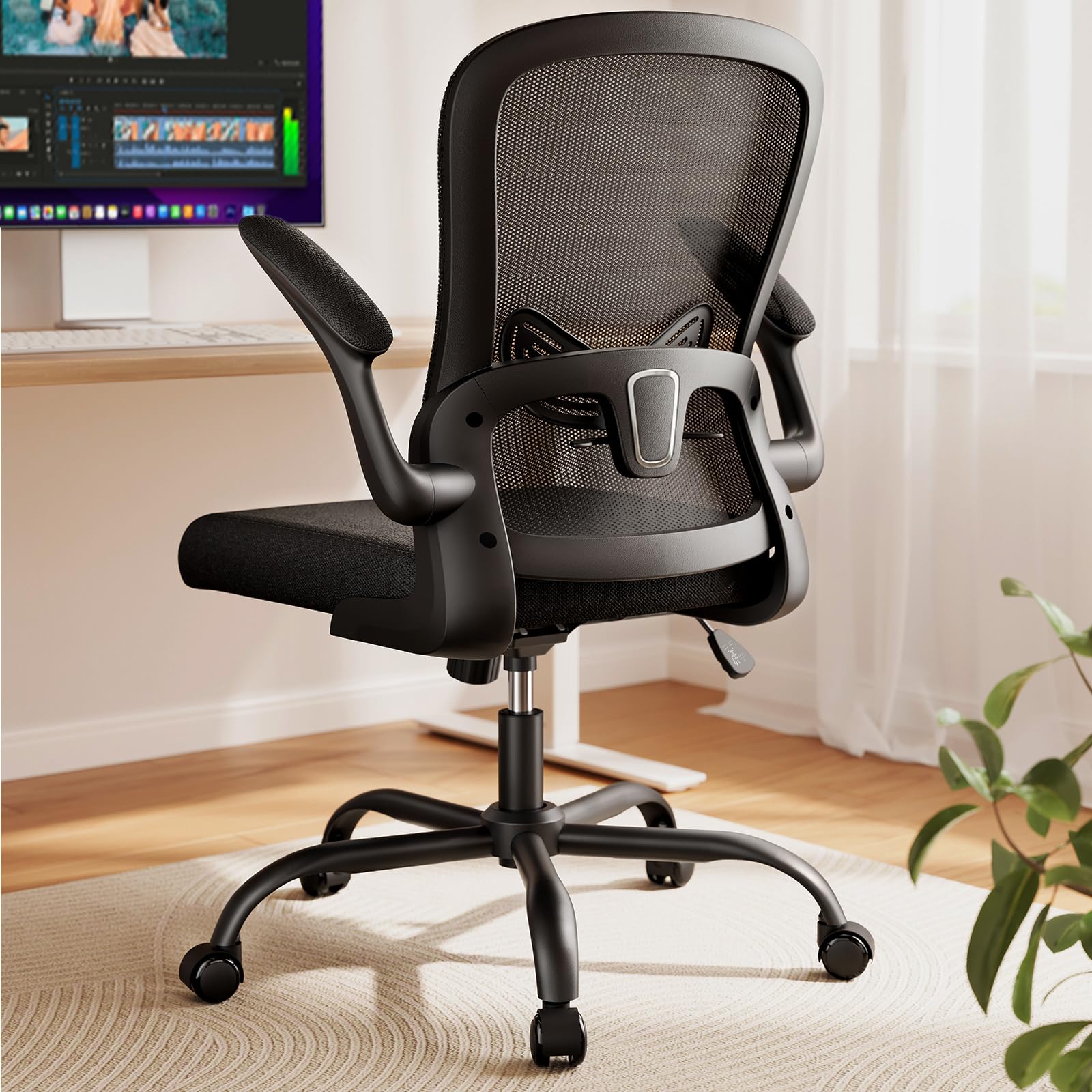 Marsail Office Chair Ergonomic-Desk Chair: Mesh Back Home Office Chair with Adjustable Lumbar Support, Computer Desk Chair with Flip-up Armrests Swivel Home Office Task Chair(Bright Black)