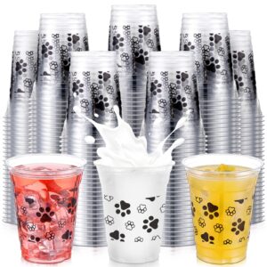 silifine 100 pcs dog party cups bulk puppy paw print themed cups 12 oz disposable clear plastic birthday party cups for ice coffee, smoothie, juice, baby shower classroom party supplies