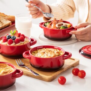 LOVECASA Mini Cocotte Set,12 OZ Small Casserole Dishes with Lids, Soup Bowls With Handles,Individual Baking Ramekins,Oven, Microwave & Dishwasher Safe,Set of 4,Red