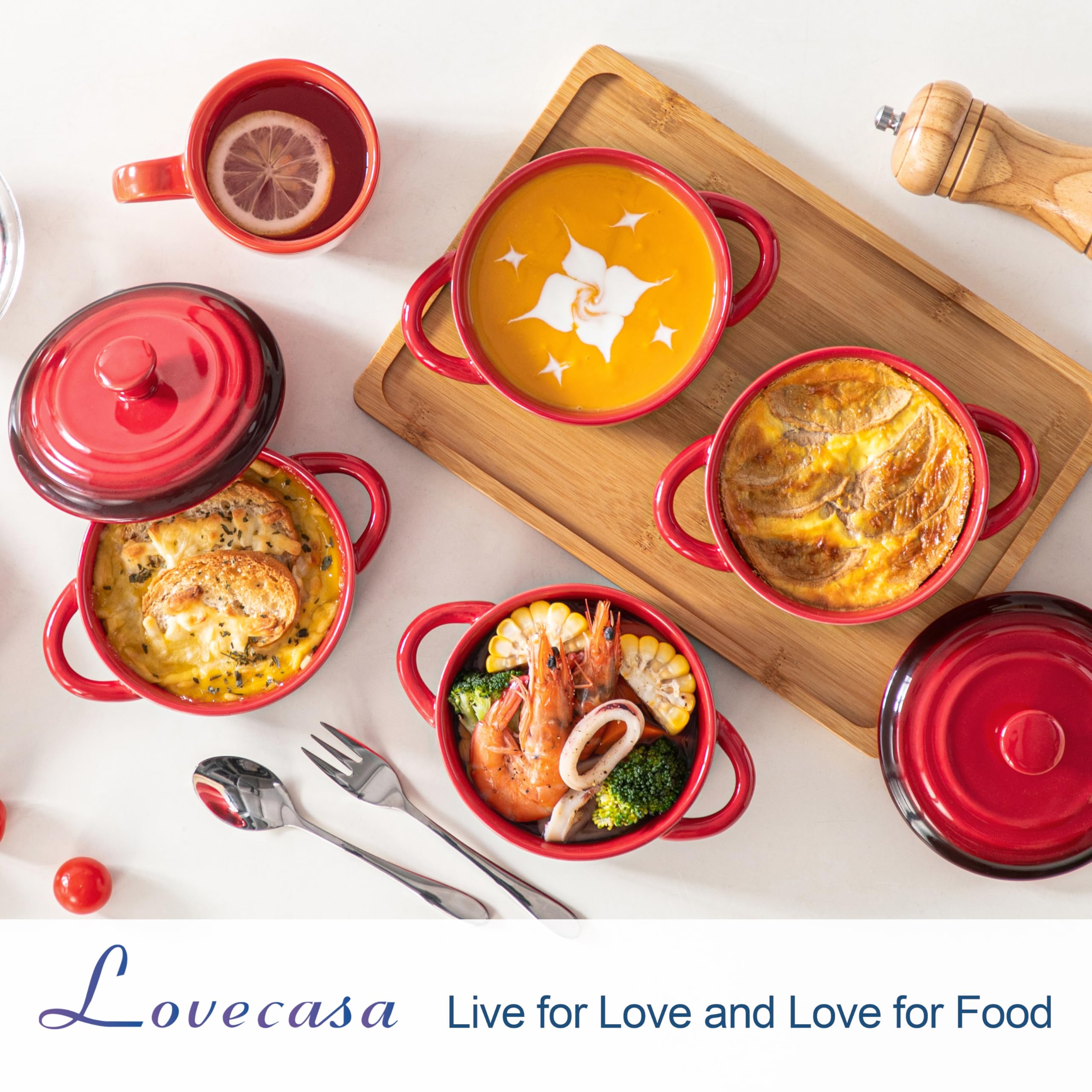 LOVECASA Mini Cocotte Set,12 OZ Small Casserole Dishes with Lids, Soup Bowls With Handles,Individual Baking Ramekins,Oven, Microwave & Dishwasher Safe,Set of 4,Red