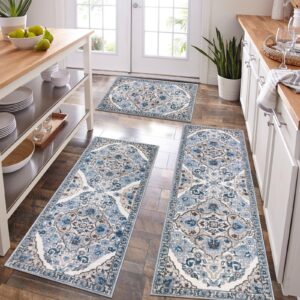 HEBE Farmhouse Kitchen Rugs Sets of 3 Non Slip Washable Kitchen Rugs and Mats Boho Kitchen Mats for Floor Kitchen Runner Rug Kitchen Carpet Rug Runner for Hallways Kitchen Laundry