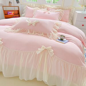 SOUKECHY Girls Lace Bedding,Queen Comforter Cover Set, Chic Ruffled Duvet Cover with Lovely Bow,Princess Style 1 Duvet Cover with 2 Pillowcases, No Comforter-Pink,Queen Size