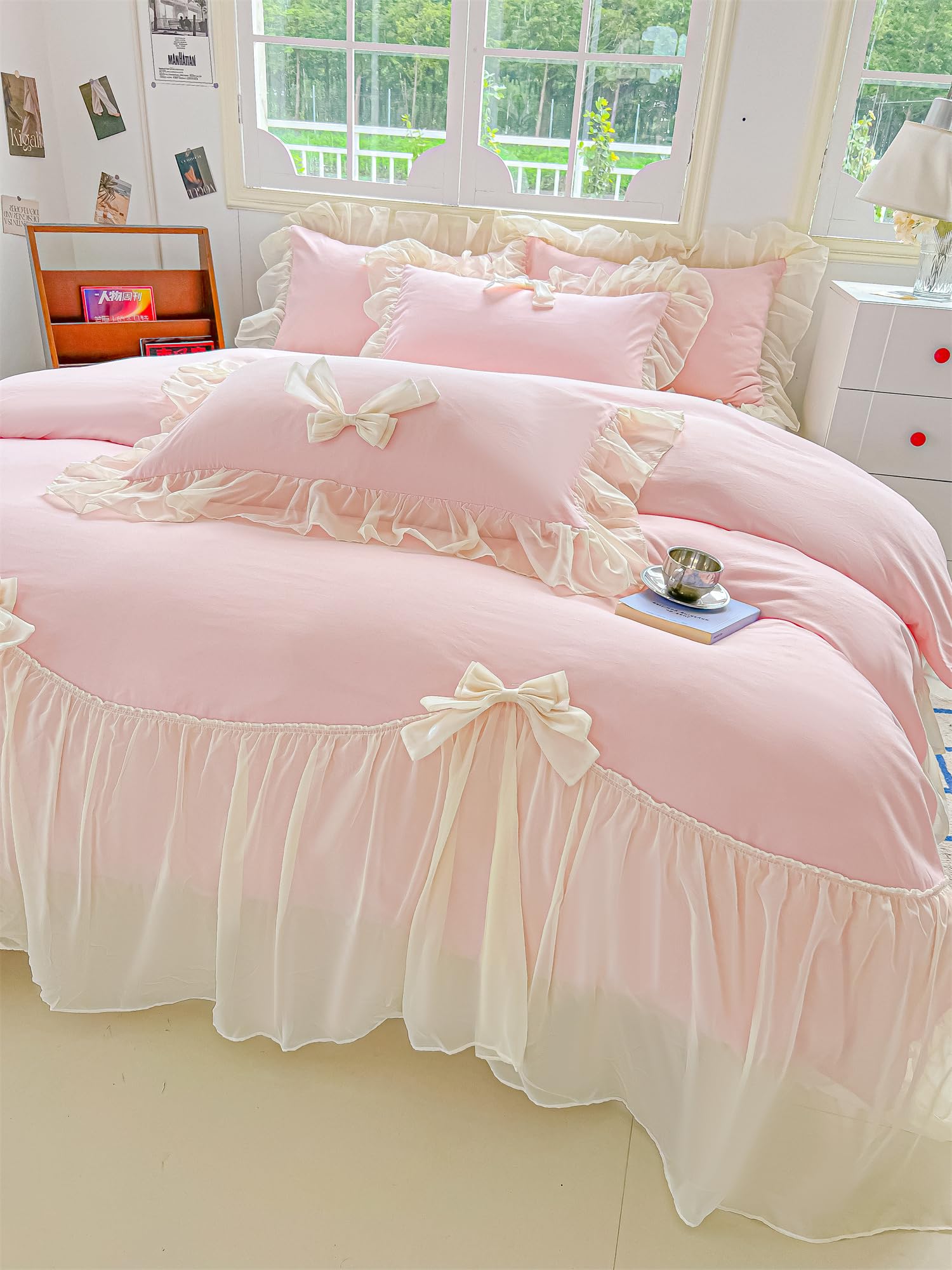 SOUKECHY Girls Lace Bedding,Queen Comforter Cover Set, Chic Ruffled Duvet Cover with Lovely Bow,Princess Style 1 Duvet Cover with 2 Pillowcases, No Comforter-Pink,Queen Size