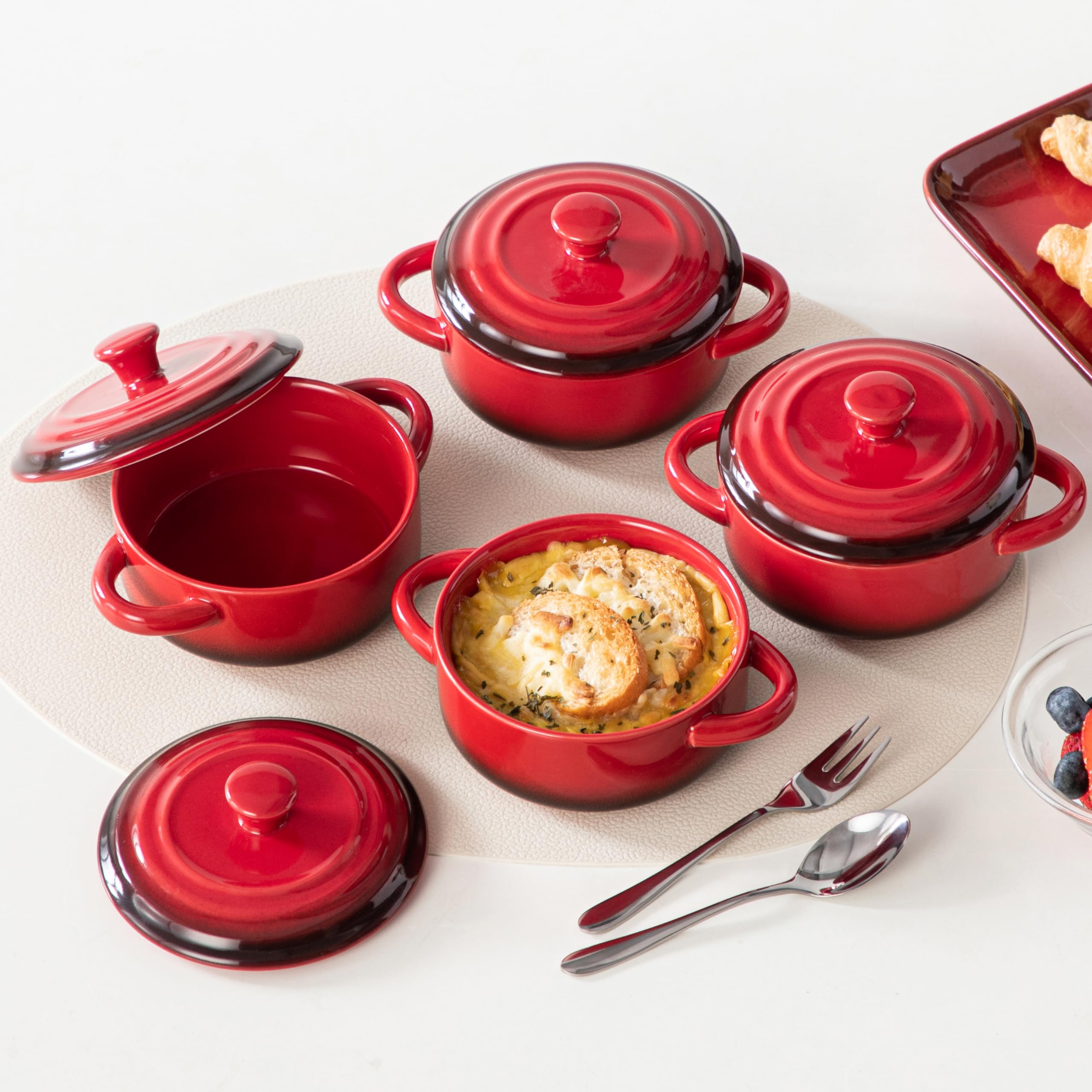 LOVECASA Mini Cocotte Set,12 OZ Small Casserole Dishes with Lids, Soup Bowls With Handles,Individual Baking Ramekins,Oven, Microwave & Dishwasher Safe,Set of 4,Red