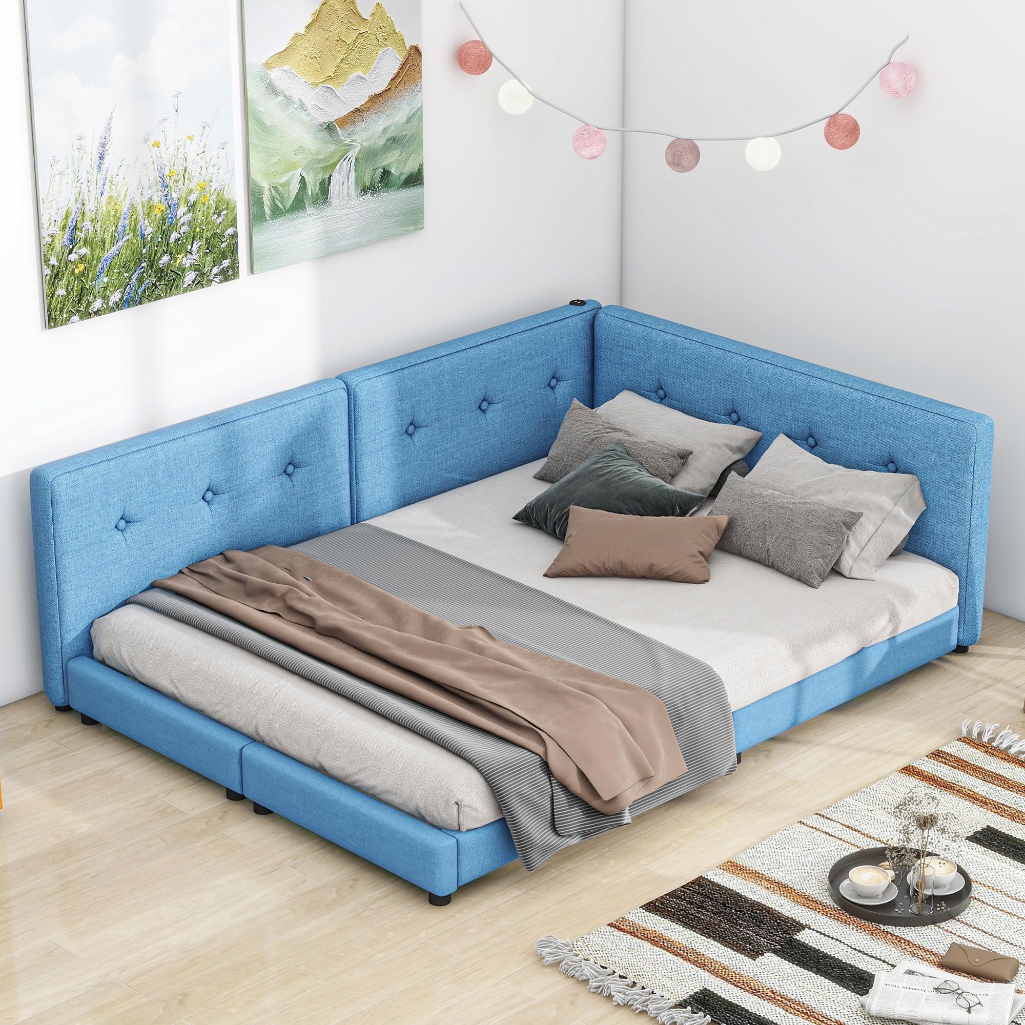 Merax Modern Upholstered Queen Size Platform Bed with USB Ports/Wood Slat Support/Queen,Blue